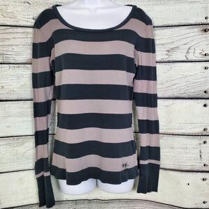 Roxy Taupe & Charcoal Gray Striped Long Sleeve Boatneck Top – Size L